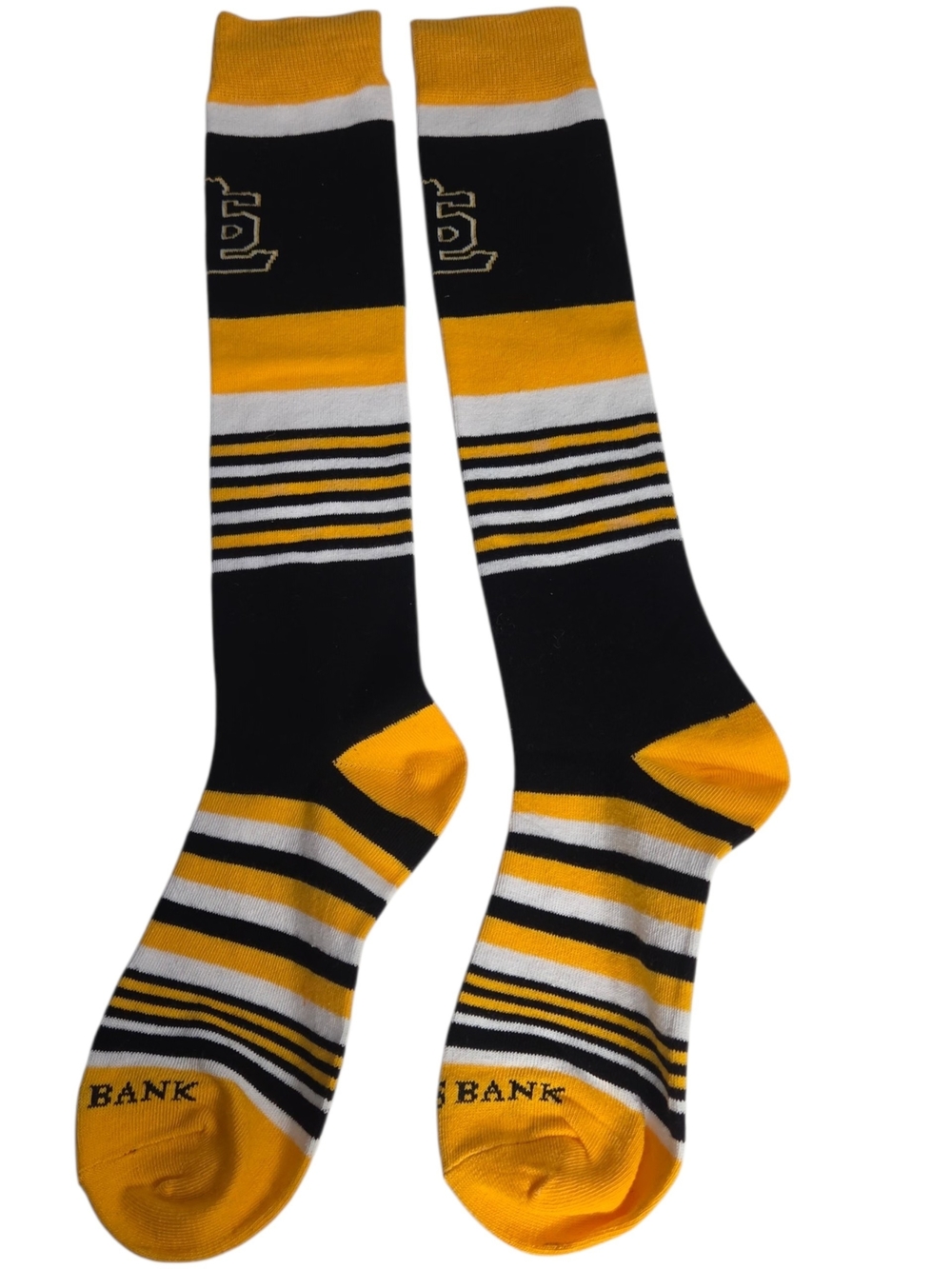 Men's Black & Yellow Striped Knee-High Socks with White Accents. Size 10-13